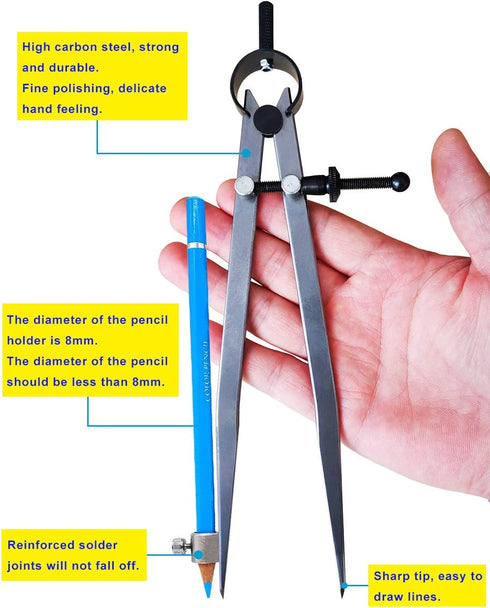 ZLKSKER 8 inch Professional Spring Wing Divider/Scriber, All Metal Leather Work, Woodworking Compass with Pencil Holder