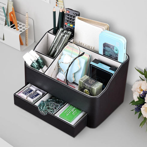 KINGFOM Desk Organizer with Drawer, Multifunction Pencil Holder for Desk, 5 Compartments Desk Organizer and Accessories