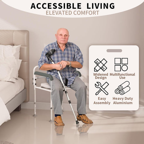 SeatYuPro Commode Adjustable Medical Bedside Chair with Padded Backrest, Drop Arm Support, Height Adjustable White