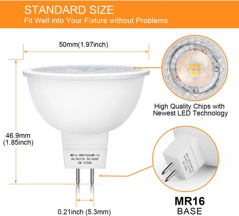 Mlambert 12 Pack MR16 LED Bulbs, 50W Halogen Equivalent, 2700K Warm White, 5W GU5.3 Spotlight Bulb