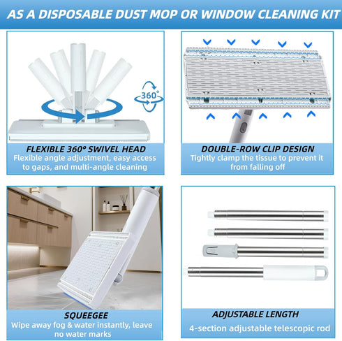 4 1 2 2 in Disposable Dust Mop with Squeegee & Floor Scrub Brush with Long Handle, Shiny Towels Wipes Cleaning Cloths