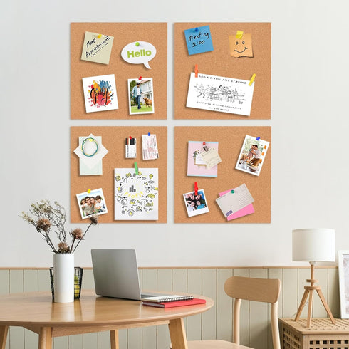 SVOPY Cork Bulletin Square Board for Walls - 4 Pack Extra Thick 12x12 Inches Cork Board Tiles for Home & School