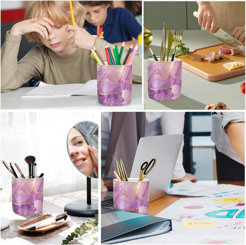 Cute Ceramic Pen Holder for Desk, WAVEYU Purple Marble Marker Holder, Makeup Brush Holders, Desk Accessories
