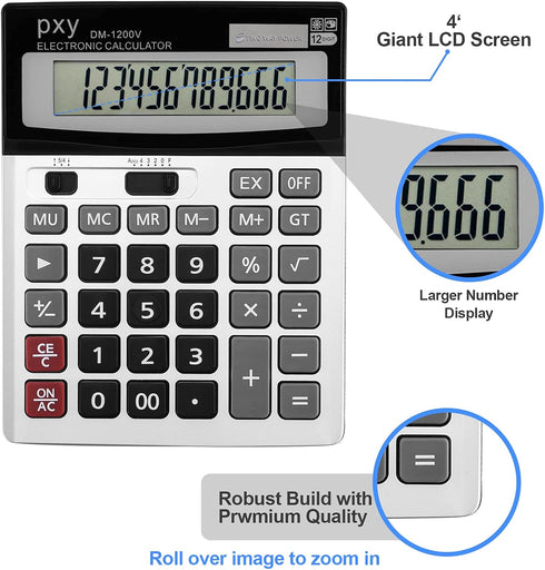 Desk Calculator, 12 Digit Extra Large LCD Display, Big Buttons, PXY Two Way Power Battery and Solar for Office