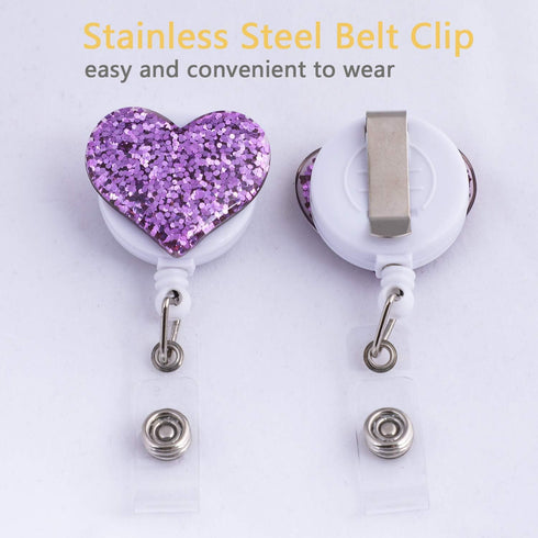 Soleebee 28'' Retractable Badge Reel - Glitter Love Heart Nurse ID/Name Badge Holder with Belt Clip (Purple)