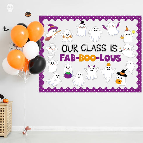 Halloween Bulletin Board Decoration Set, Cute Ghost Paper Cutouts and Blackboard Border for Classroom Chalkboard Decor