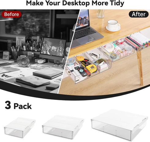 OTraki 3 Packs Under Desk Drawer Organizer, Clear Plastic Storage with Slide Out Drawer, Self-Adhesive