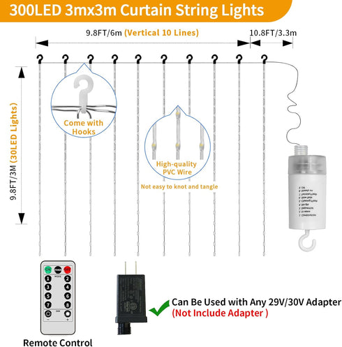 10 10Ft 300LED 8 Dimmable Curtain Lights Battery Operated * Waterfall Light with Modes Remote Timer Memory Waterproof