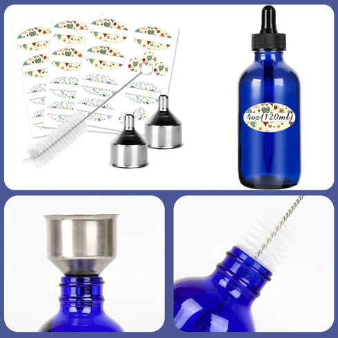 CycleMore 16 Pack (120 ml) 4 oz Blue Glass Boston Bottles with Glass Eye Droppers, Ideal for Essential Oils & Lab