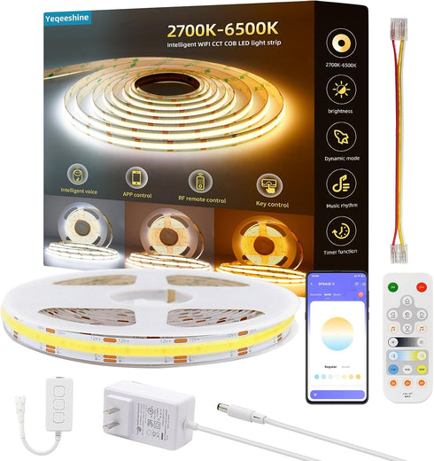 Yeqeeshine COB LED Strip Lights, 16.4ft DC 12V Tunable White 2700K- 6500K COB