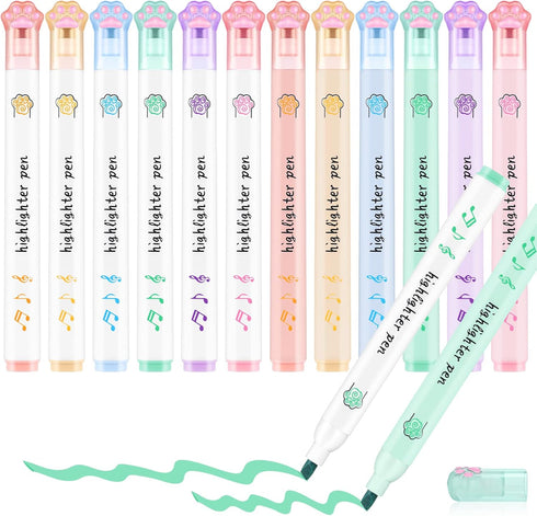Harloon 12 Pcs Cat Paw Cute Highlighters, Kawaii Soft Chisel Tip Pastel Marker Pens for School Supplies