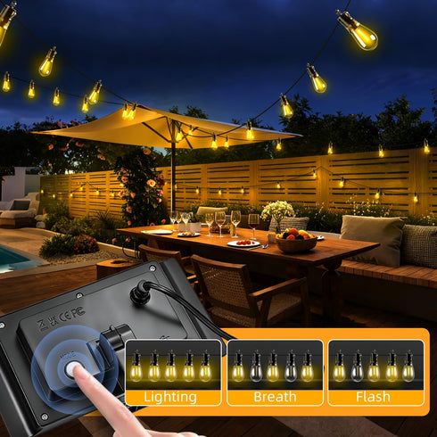 FUANXIEI S14 15M 50FT 3 Dimmable Bulbs Solar Lights Outdoor Patio Lights: Solar Powered Remote Control Light Modes