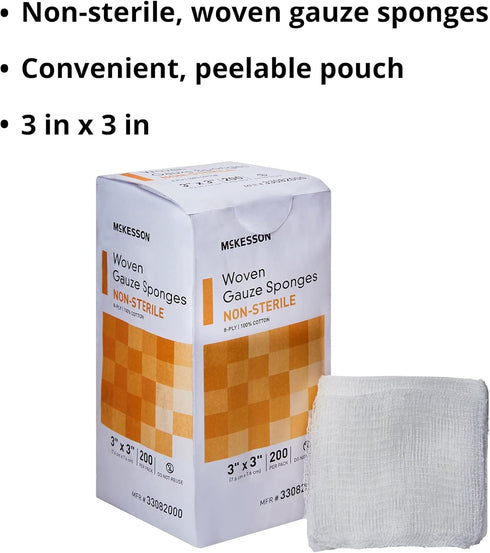 8-Ply, 100% 4 4 200 Pack, 5 Packs, 1000 McKesson Woven Gauze Sponges, Non-Sterile, Cotton, in x in, per Total