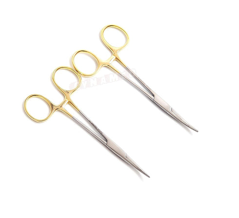 Premium German Stainless Steel, Set of 2 PCS Gold Handle Mosquito Locking HEMOSTAT Forceps, Straight + Curved 5"