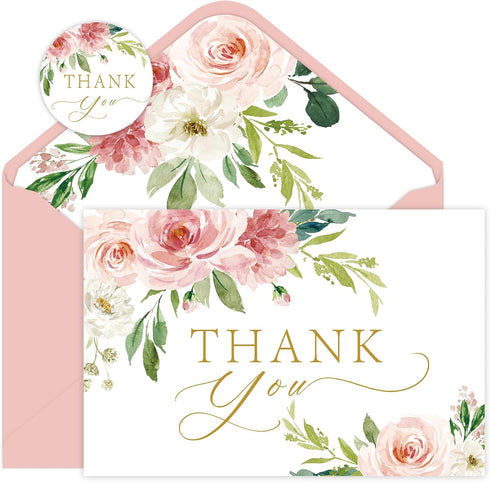 SMUAENSS 48 Pack Thank You Cards with Envelopes Pink and Stickers, Floral Thank