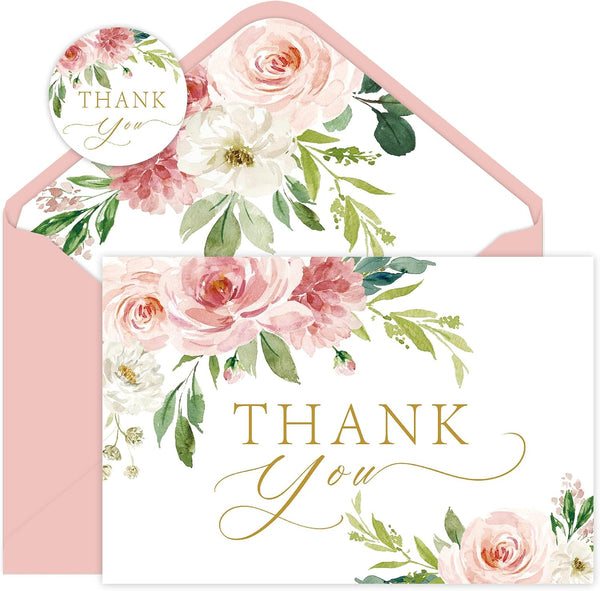 SMUAENSS 48 Pack Thank You Cards with Envelopes Pink and Stickers, Floral Thank