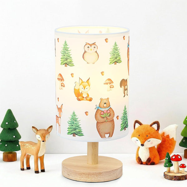 Woodland Animals Table Lamp - Woodland Kids Bedside Lamp with Linen Wooden