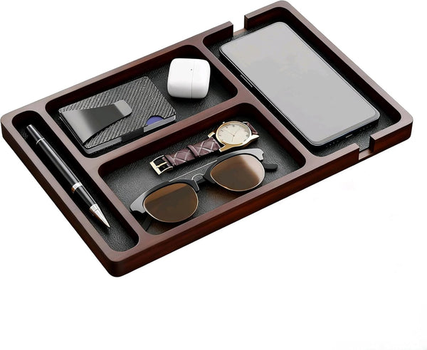 Generic Wooden Valet Tray with Leather Inlay - Key and Wallet Tray, Wooden