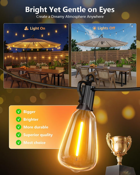37FT 10+1 Bulbs, Dimmable 3 Commercial Brightown Solar String Lights Outdoor Waterproof with Remote, LED Shatterproof
