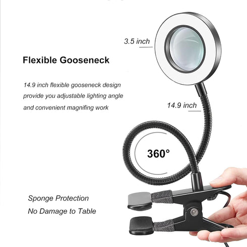 Desk Magnifying Glass with Light 5X, Clip on Desk Light with 3 Light Colors, 5W LED Desk Lamp with Clamp