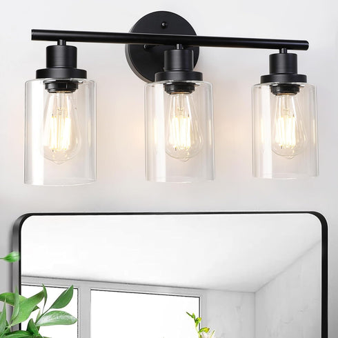 Unicozin 3 E26 Modern Bathroom Light Fixtures, Light Vanity Lights, Black Wall Lamp with Clear Glass for Bathroom