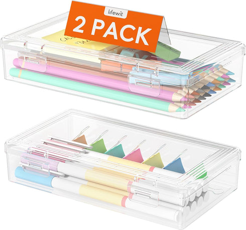 Lifewit Plastic Pencil Box with Snap-tight Lid, Large Capacity Hard Pencil Case, 2 Pack for Office Art Supply