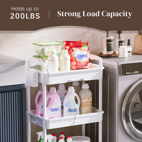 Rolling Utility Cart with Drawer, 3 Tier Storage Organizer with Lockable Wheels for Kitchen, Bathroom, Office