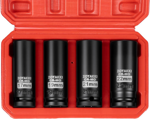 4-Piece 1/2 Inch Drive Impact Socket Set,CR-MO Steel 6-Point Deep Socket,Metric 17-19-21-22mm