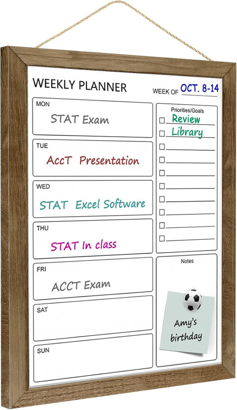 Magnetic Dry Erase White Board Weekly Calendar Board, 13“x17" Solid Wood Rustic Brown Framed Planner for Office, Home,