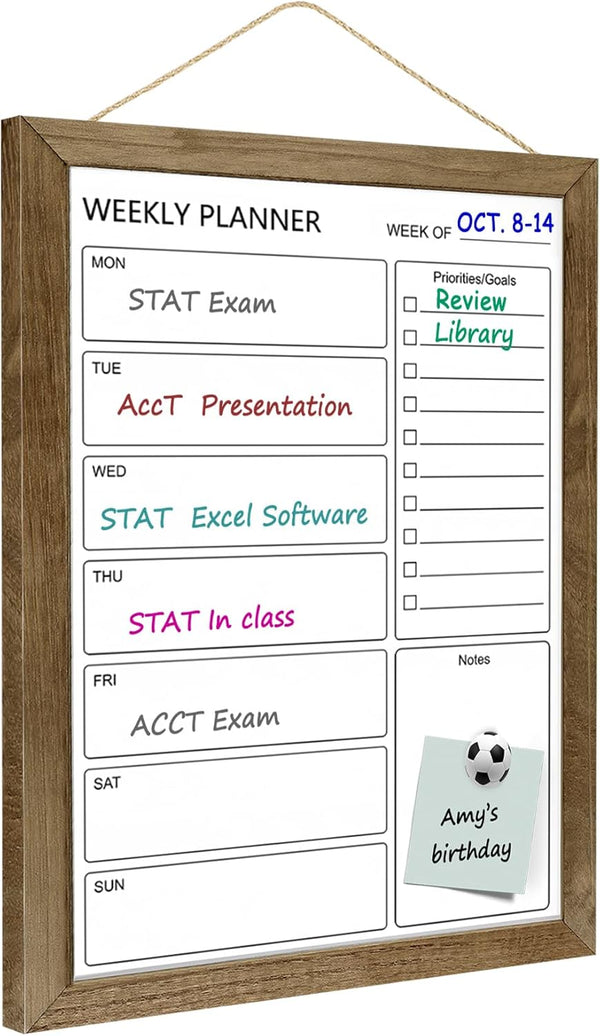 Magnetic Dry Erase White Board Weekly Calendar Board, 13“x17" Solid Wood Rustic Brown Framed Planner for Office, Home,
