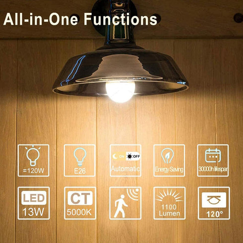 MikeWin Motion Sensor Light Bulbs, Outdoor 4 Packs, 13W (100W Equivalent) Security LED Bulb, E26, A19, 5000K Daylight
