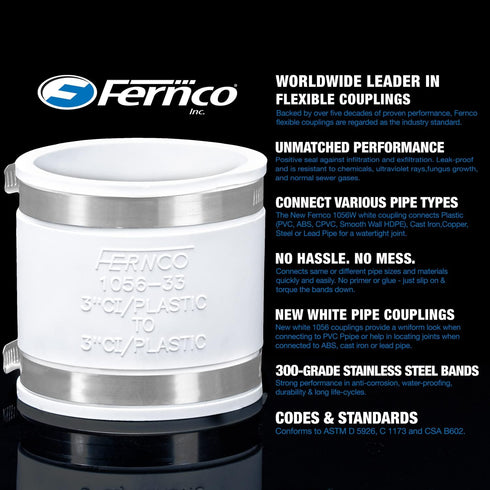 Fernco 1056-215 Reducing 2-in. x 1-1/2-in. Flexible PVC Pipe Coupling for Cast Iron and Plastic Plumbing