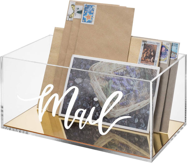 MyGift Clear Acrylic Mail Organizer Box with Letter Word Script Design and Gold Mirror Base