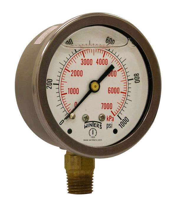 Winters 2-1/2" Dial Size, Liquid Filled Industrial Pressure Gauge, Brass Internals, 304 Stainless Steel Case