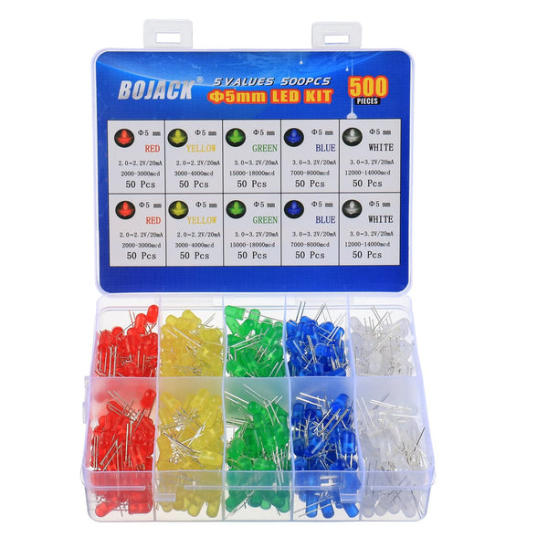 BOJACK 500 pcs 5mm LED Diode Lights Assorted Kit, 5 Colors Bright Lighting Bulb Lamps for Electronics