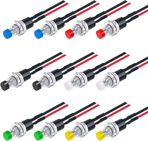 Twidec 12PCS Momentary Push Button Switch, 2 Pins ON/Off SPST with Pre-soldered Wires, 6 Colors