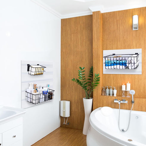 4Pcs Slatwall Basket Set, Ventilated Metal Slatwall Baskets for PVC Slatwall, Mounted Storage Display on Garage