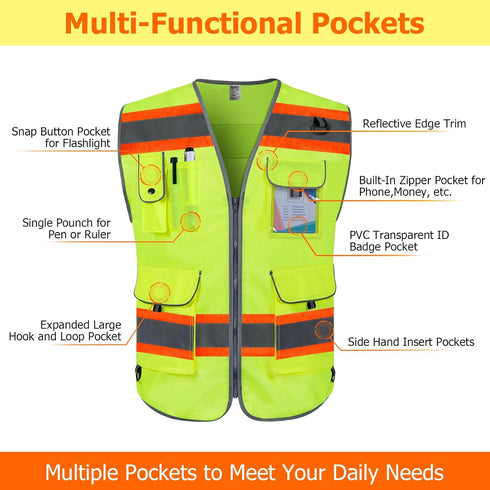 TCCFCCT Reflective Safety Vest for Men Women, 9 Pockets High Visibility Vest, Fluorescent Orange, XX-Large