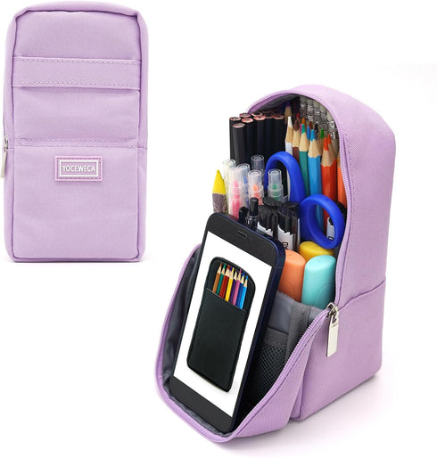 Standing Pencil Case, Large Capacity Zippered Pouch for School Supplies and Office Organization (Purple)