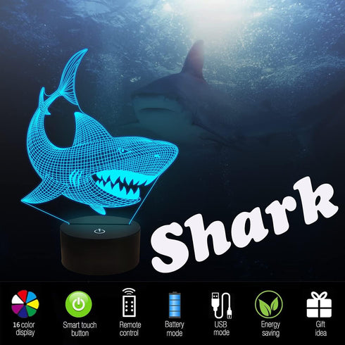 3D 16 FULLOSUN Shark Illusion Night Light Animal Touch Table Desk Lamp, with Remote Control Colors Optical USB LED