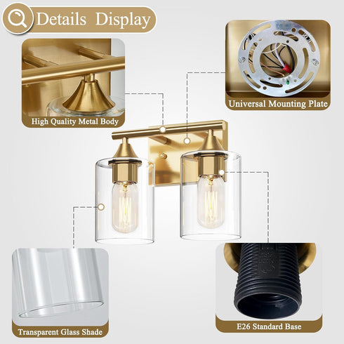Bathroom,2-Light Gold Vanity Lights for Bathroom Light Fixtures,Brushed Brass Gold Wall Sconce Lighting,Modern Wall