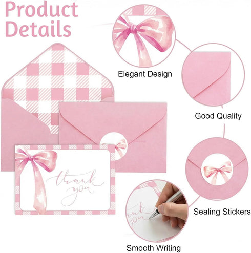 xieketn 36 Pcs Pink Thank You Cards with Envelopes Stickers, Coquette Bow Baby Shower Thank You Cards, Watercolor Cards
