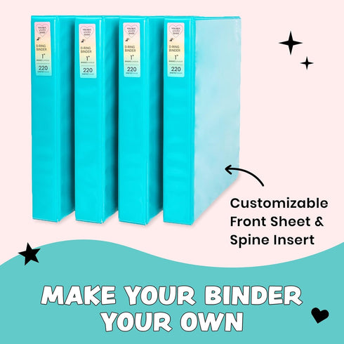 Yoobi 1 Inch Binder Set, 3-Ring Binders with 2 Pockets, Holds up to 220 Sheets, 4 Pack, Aqua