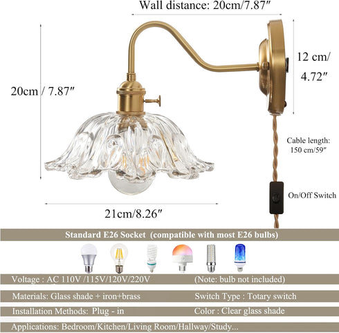 YJQHXY E26 Vintage Plug-in Wall Sconce with Switch, Clear Snowflake Glass Shade, Brass Fixture, Socket with Dual