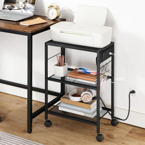 HOOBRO Industrial Printer Stand, 3-Tier Mobile Printer Table with Power Outlets and USB Ports, Black BB22UPS01, for