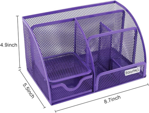 EasyPAG Mesh Office Desktop Organizer with Drawer, Metal Stationary Desk Caddy, 6 Compartments, Purple