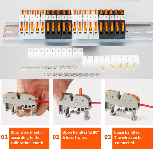 DIN Rail Terminal Blocks Kit with 20pcs Connectors, 2pcs Connection Bar, and Transparent Storage Box