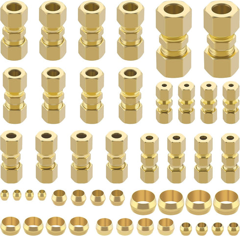 46pcs Brass Compression Tube Pipe Fittings Assortment Kit, 1/8" to 1/2" OD Compression Union Connector & Sleeves