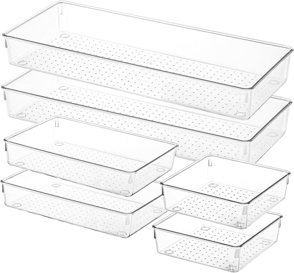 Voova 6 Pack Plastic Drawer Organizers Set - 3-Size Kitchen and Office Desk Drawer Organizer Trays, Clear