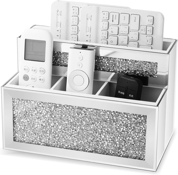 SWTHONY Mirrored Remote Control Holder, Crushed Diamond Wall Mount Caddy for Phone, Pad, Pen, Pencil, and Remote
